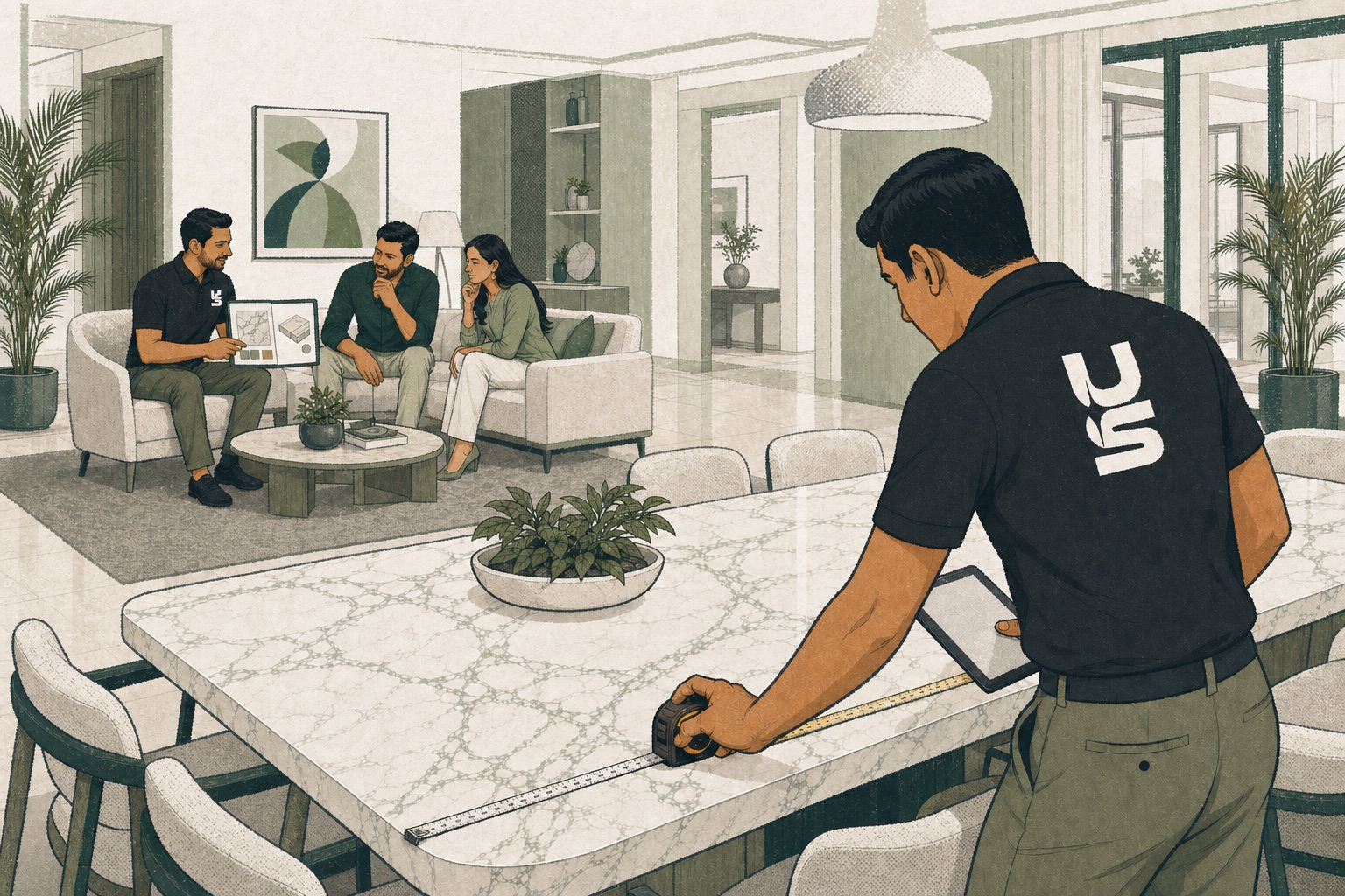 Illustration of an Urban Shieldz specialist measuring a marble table during an on-site assessment.