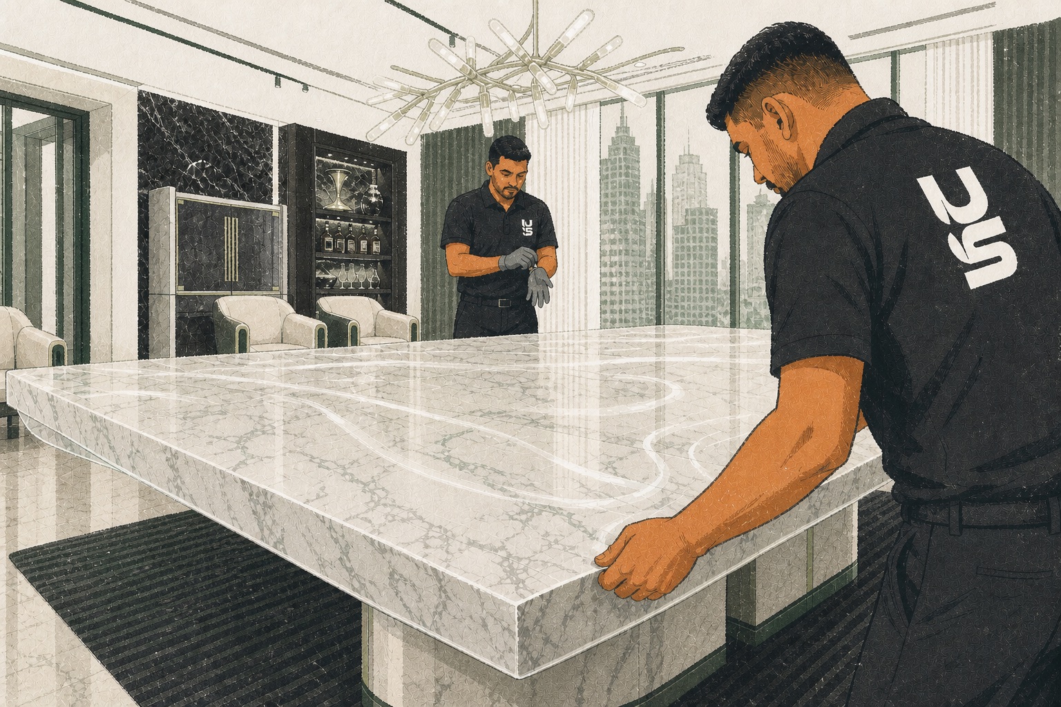 Illustration of Urban Shieldz technicians installing clear surface protection film on a marble table.