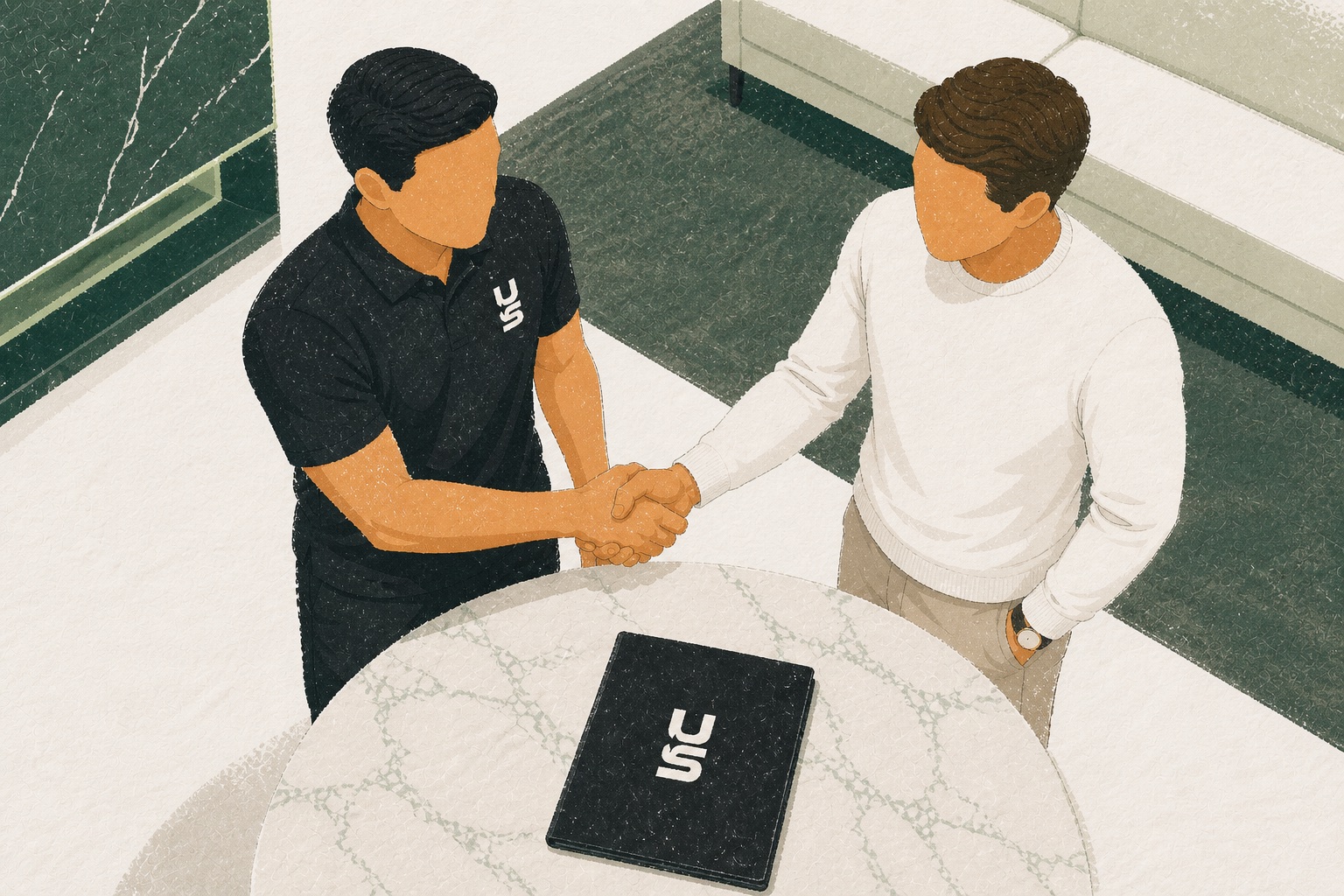 Illustration of an Urban Shieldz specialist handing over warranty documents to a homeowner.