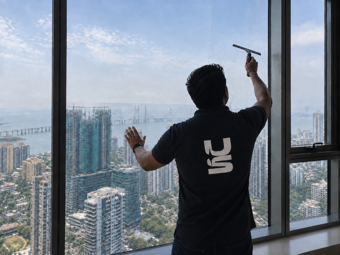 Urban Shieldz specialist applying heat reduction film to a large residential window.