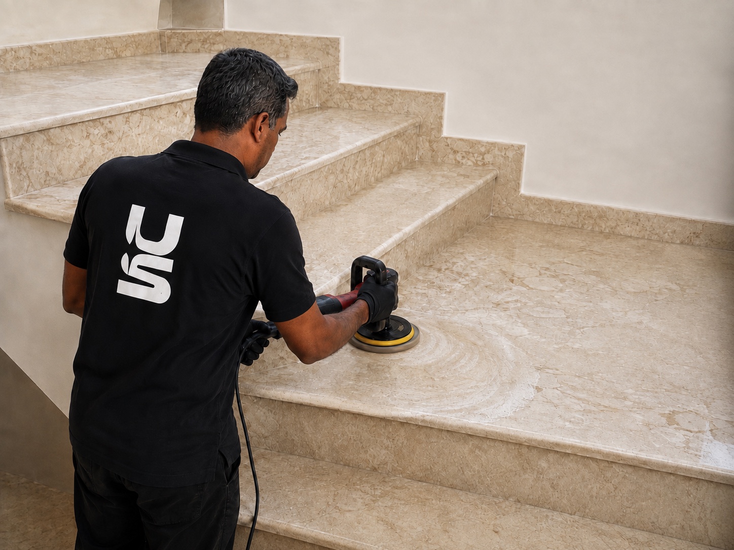 Urban Shieldz specialist treating a porous marble surface with professional equipment.